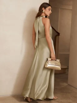 Champagne Gold Textured Satin Halter Sleeveless Midi Dress