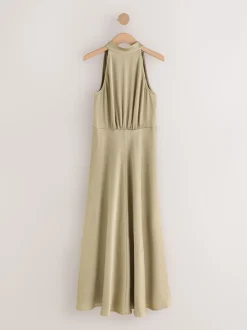 Champagne Gold Textured Satin Halter Sleeveless Midi Dress
