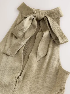 Champagne Gold Textured Satin Halter Sleeveless Midi Dress