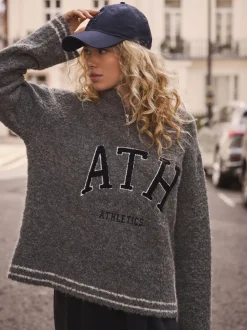 Charcoal Grey Sports Graphic Zip Neck Boucle Jumper
