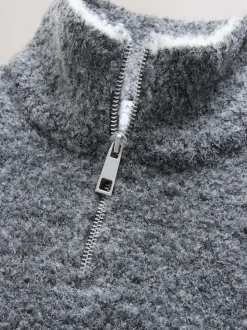 Charcoal Grey Sports Graphic Zip Neck Boucle Jumper