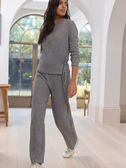 Charcoal Grey Supersoft Cosy Rib Wide Leg Knitted Trousers