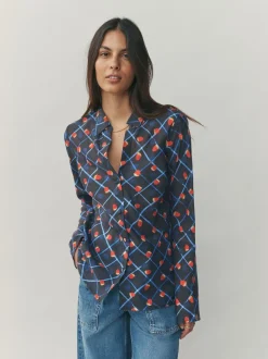Checked Fruit Print Lyocell Blend Collared V-Neck Shirt