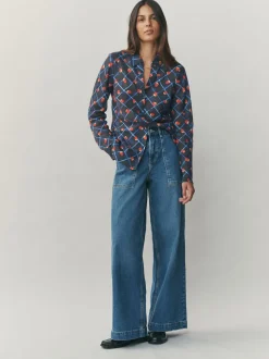 Checked Fruit Print Lyocell Blend Collared V-Neck Shirt