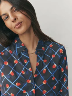 Checked Fruit Print Lyocell Blend Collared V-Neck Shirt