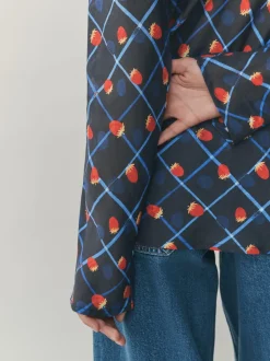Checked Fruit Print Lyocell Blend Collared V-Neck Shirt