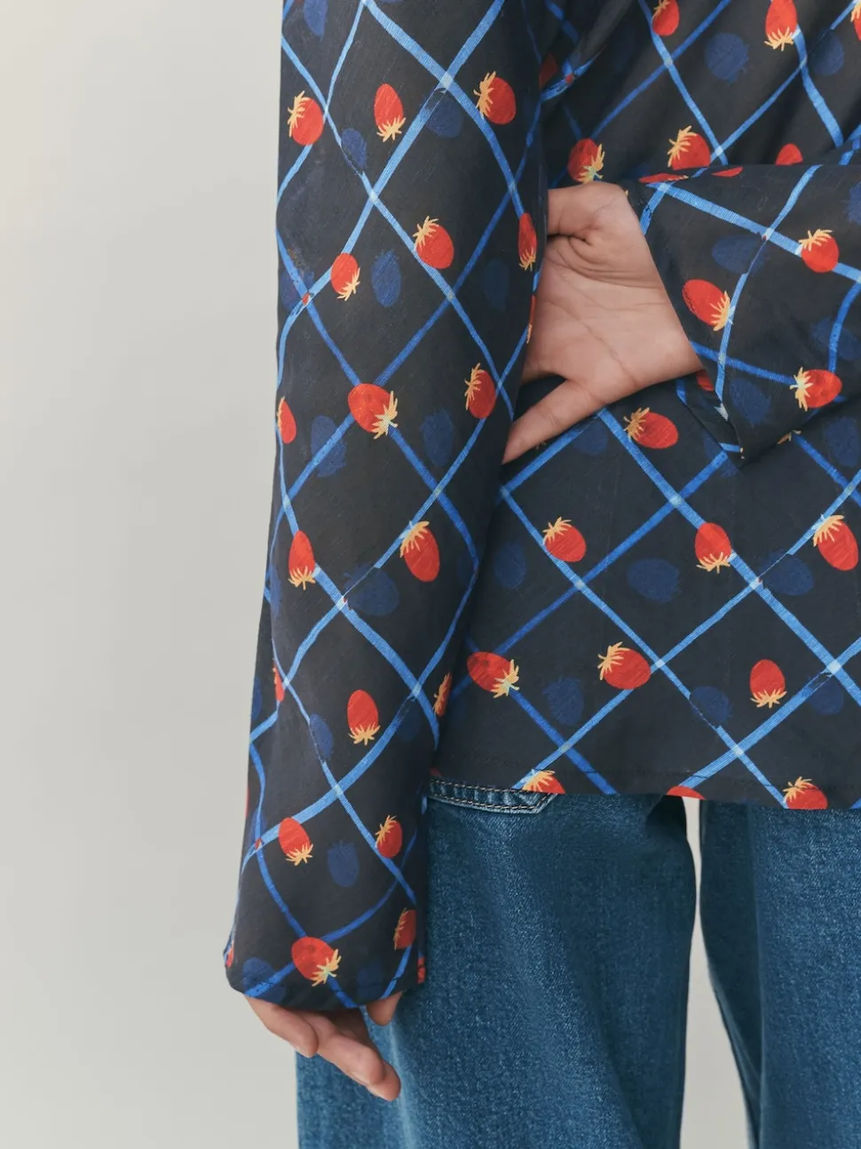 Checked Fruit Print Lyocell Blend Collared V-Neck Shirt