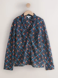 Checked Fruit Print Lyocell Blend Collared V-Neck Shirt