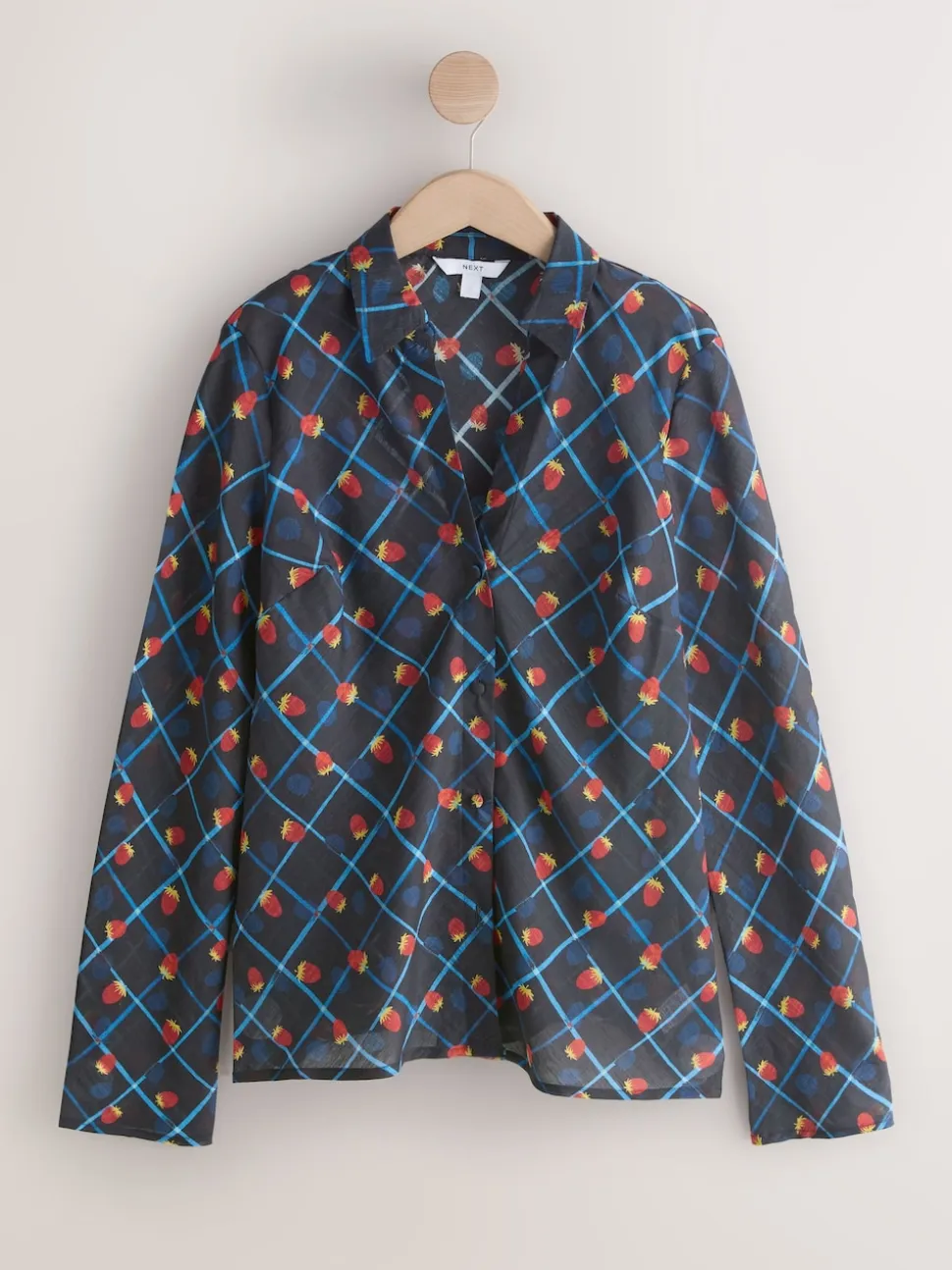 Checked Fruit Print Lyocell Blend Collared V-Neck Shirt