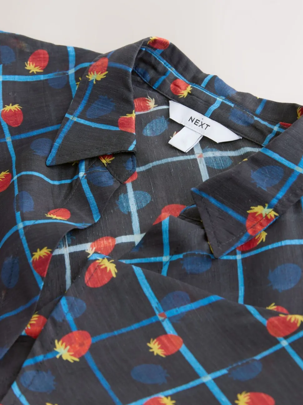 Checked Fruit Print Lyocell Blend Collared V-Neck Shirt