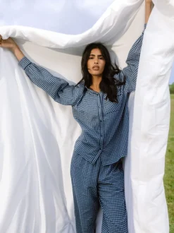 Chelsea Peers Blue Cotton Gingham Check Long Pyjamas & Scrunchie Set