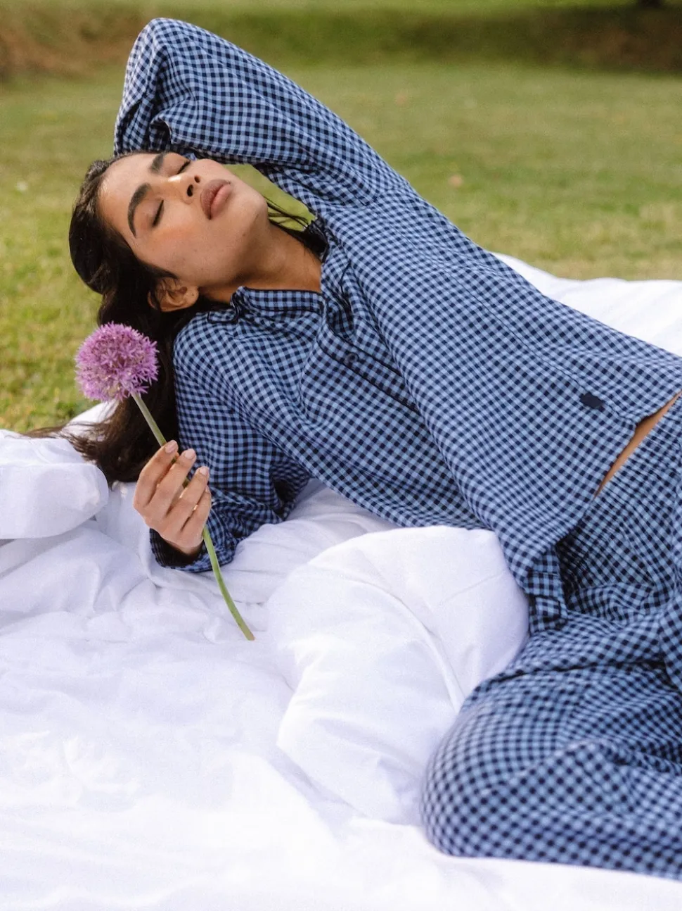 Chelsea Peers Blue Cotton Gingham Check Long Pyjamas & Scrunchie Set