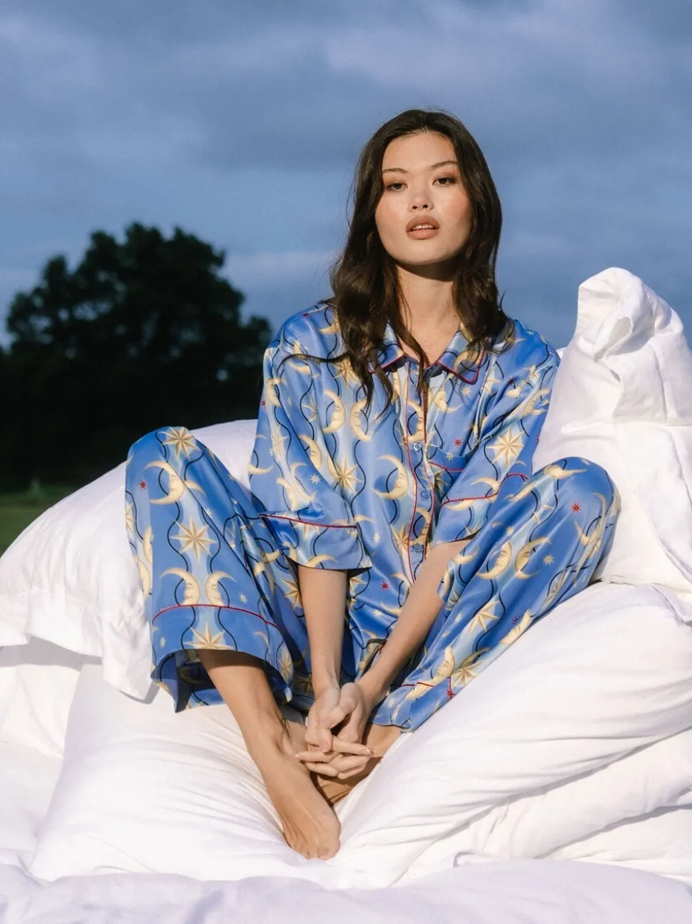 Chelsea Peers Blue Satin Tiled Moon Print Long Pyjamas Set