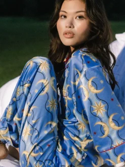 Chelsea Peers Blue Satin Tiled Moon Print Long Pyjamas Set