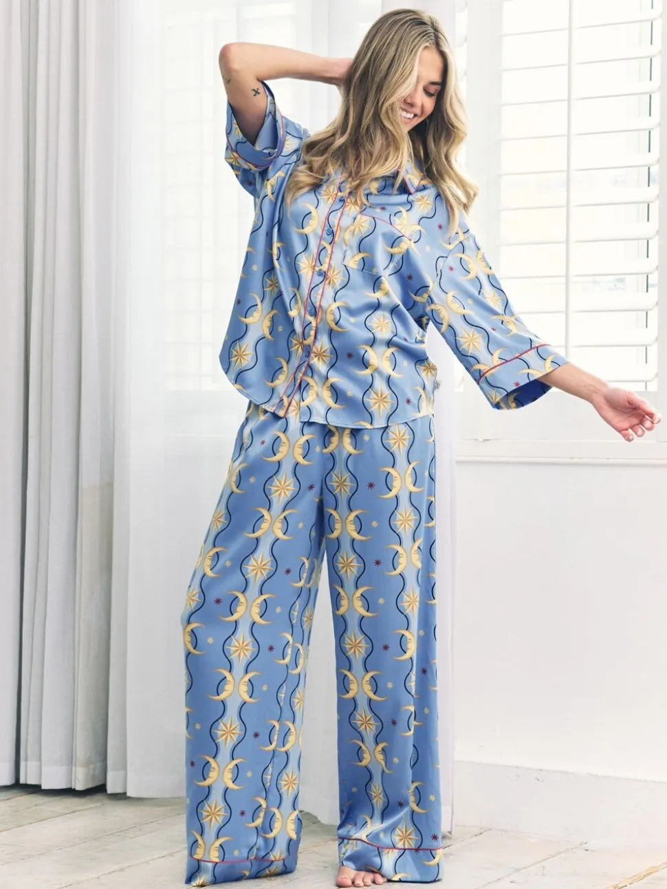Chelsea Peers Blue Satin Tiled Moon Print Long Pyjamas Set
