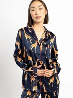 Chelsea Peers Blue Satin Giraffe Print Long Pyjama Set