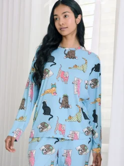 Chelsea Peers Blue Sleepy Cats Print Long Pyjama Set