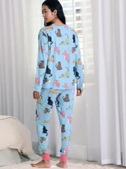 Chelsea Peers Blue Sleepy Cats Print Long Pyjama Set