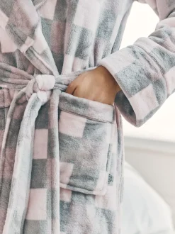 Chelsea Peers Cream Fleece Check Hooded Dressing Gown