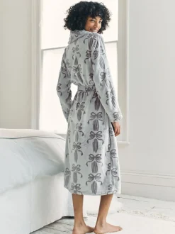 Chelsea Peers Cream Fleece Burnout Ribbon Bow Long Dressing Gown