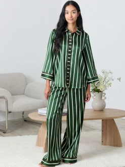 Chelsea Peers Green Satin Stripe Long Pyjamas Set