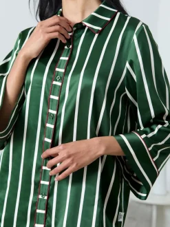 Chelsea Peers Green Satin Stripe Long Pyjamas Set