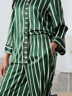 Chelsea Peers Green Satin Stripe Long Pyjamas Set