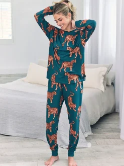 Chelsea Peers Green Trouser Tiger Print Long Pyjamas Set