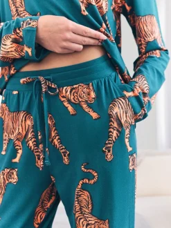 Chelsea Peers Green Trouser Tiger Print Long Pyjamas Set
