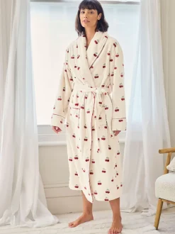 Chelsea Peers Natural Fleece Cherry Print Long Dressing Gown