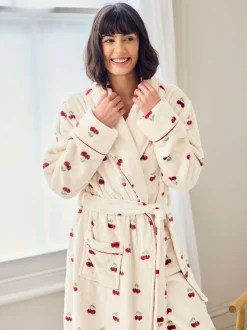 Chelsea Peers Natural Fleece Cherry Print Long Dressing Gown