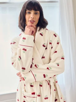 Chelsea Peers Natural Fleece Cherry Print Long Dressing Gown