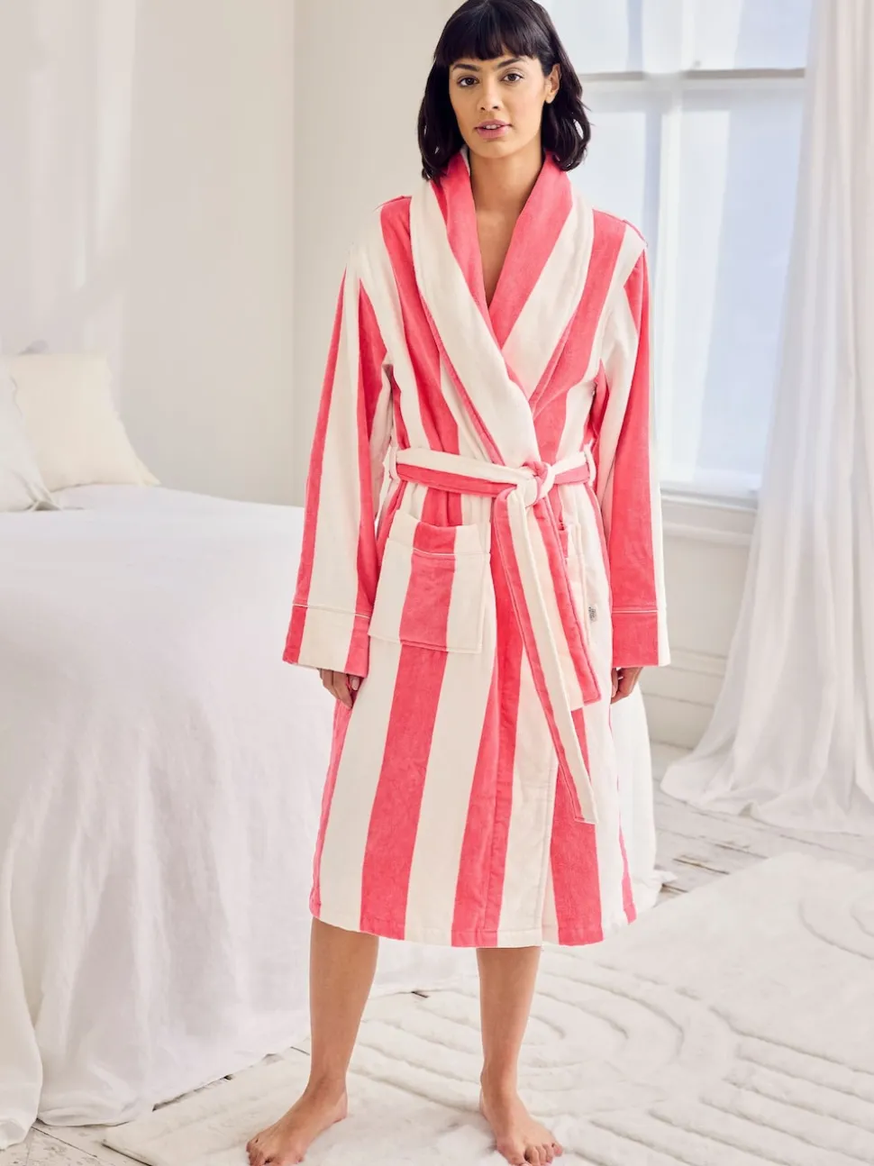 Chelsea Peers Pink Cotton Towelling Stripe Dressing Gown