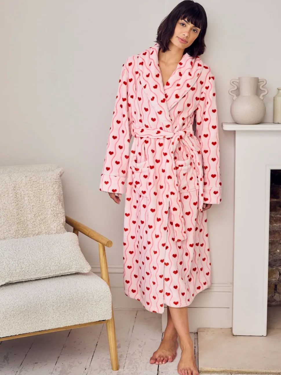 Chelsea Peers Pink Fleece Wavy Stripe Heart Print Long Dressing Gown