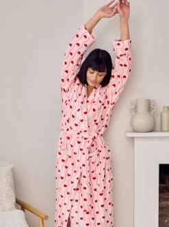 Chelsea Peers Pink Fleece Wavy Stripe Heart Print Long Dressing Gown