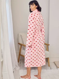 Chelsea Peers Pink Fleece Wavy Stripe Heart Print Long Dressing Gown