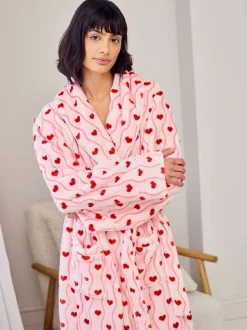 Chelsea Peers Pink Fleece Wavy Stripe Heart Print Long Dressing Gown
