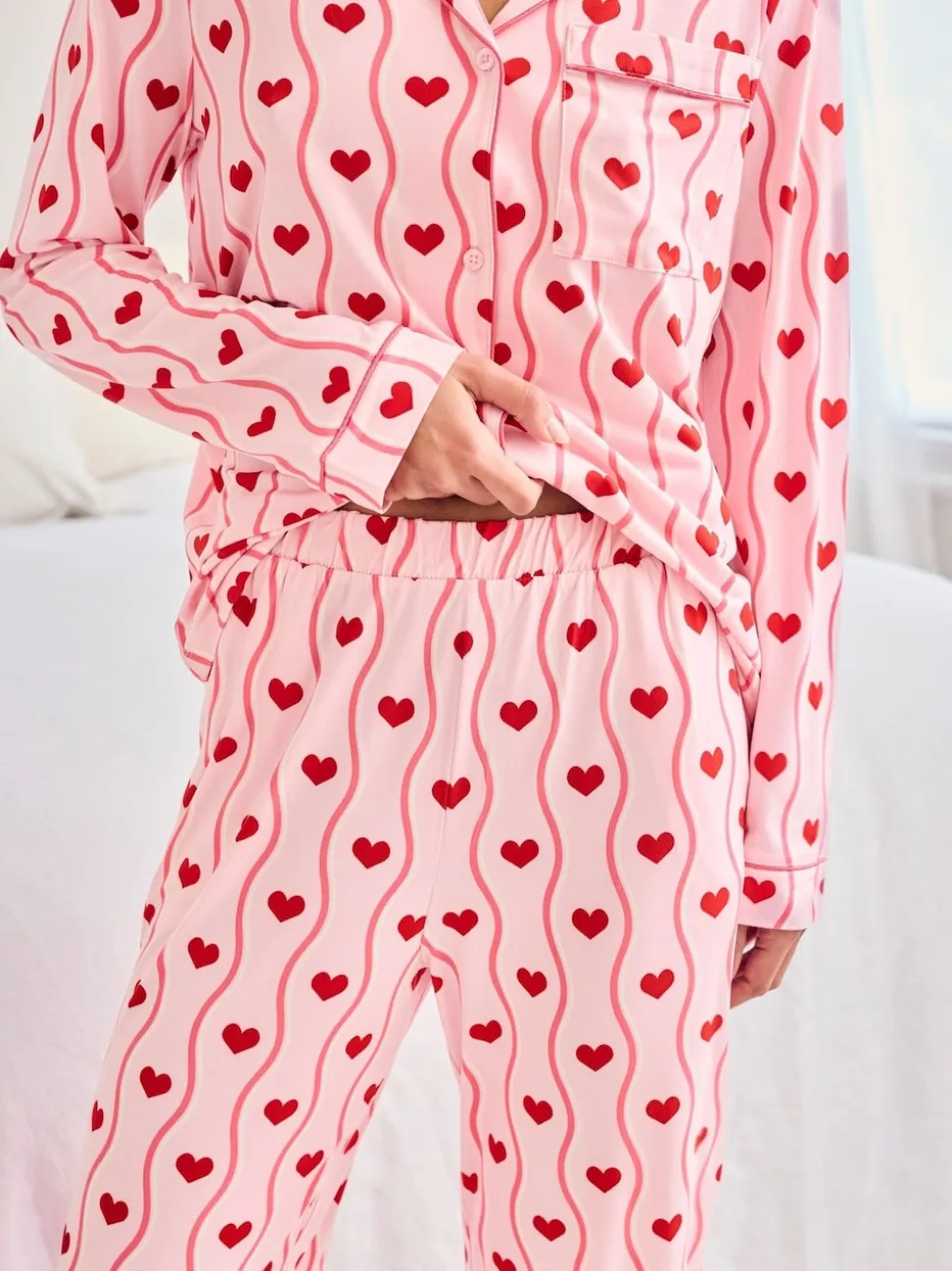 Chelsea Peers Pink Wavy Stripe Heart Print Long Pyjamas Set