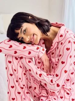 Chelsea Peers Pink Wavy Stripe Heart Print Long Pyjamas Set