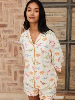 Chelsea Peers White Short Pyjamas Dinosaur Print Long Pyjama Set