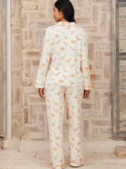 Chelsea Peers White Trouser Pyjamas Dinosaur Print Long Pyjama Set