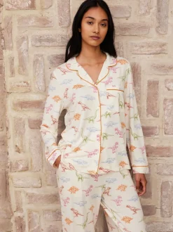 Chelsea Peers White Trouser Pyjamas Dinosaur Print Long Pyjama Set
