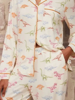 Chelsea Peers White Trouser Pyjamas Dinosaur Print Long Pyjama Set