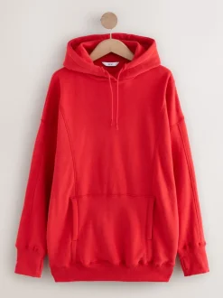 Cherry Red Active Longline Overhead Seam Detail Supersoft Hoodie with Pockets