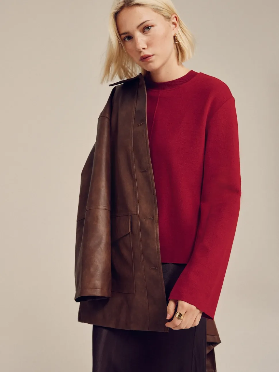 Cherry Red Cosy Soft Touch Rib Crew Neck Jumper