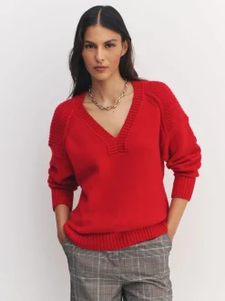 Cherry Red Cotton And Wool Blend Longline V-Neck Jumper