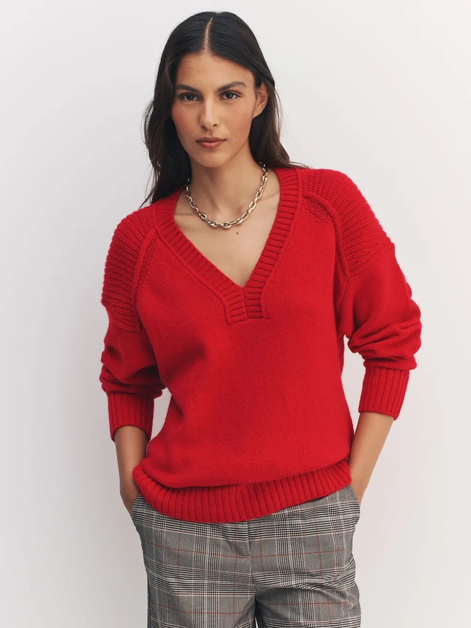 Cherry Red Cotton And Wool Blend Longline V-Neck Jumper