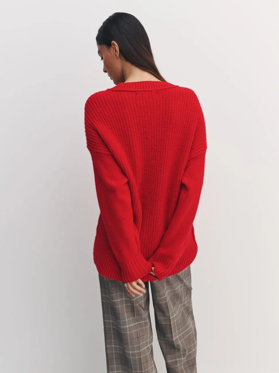Cherry Red Cotton And Wool Blend Longline V-Neck Jumper
