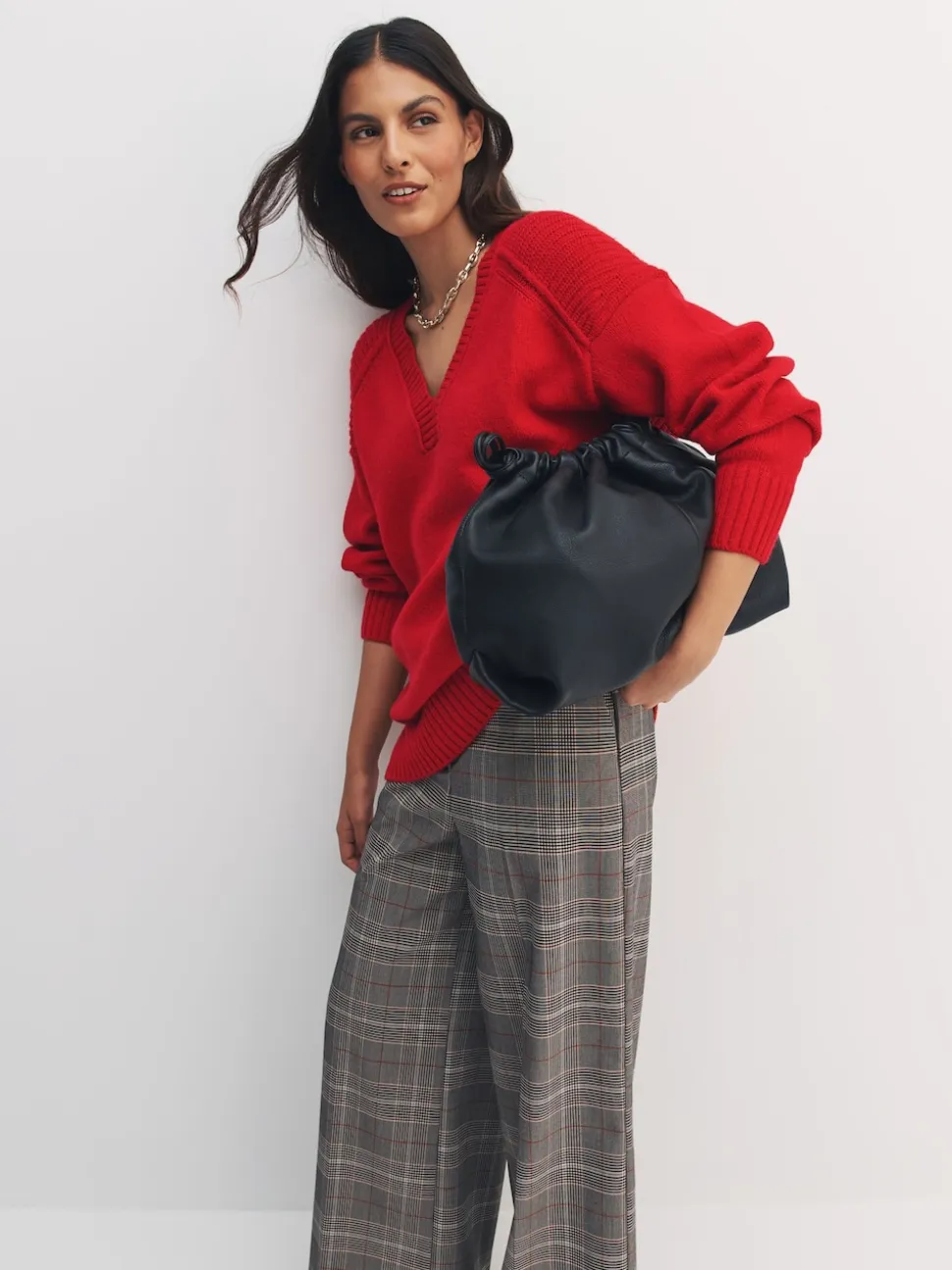 Cherry Red Cotton And Wool Blend Longline V-Neck Jumper