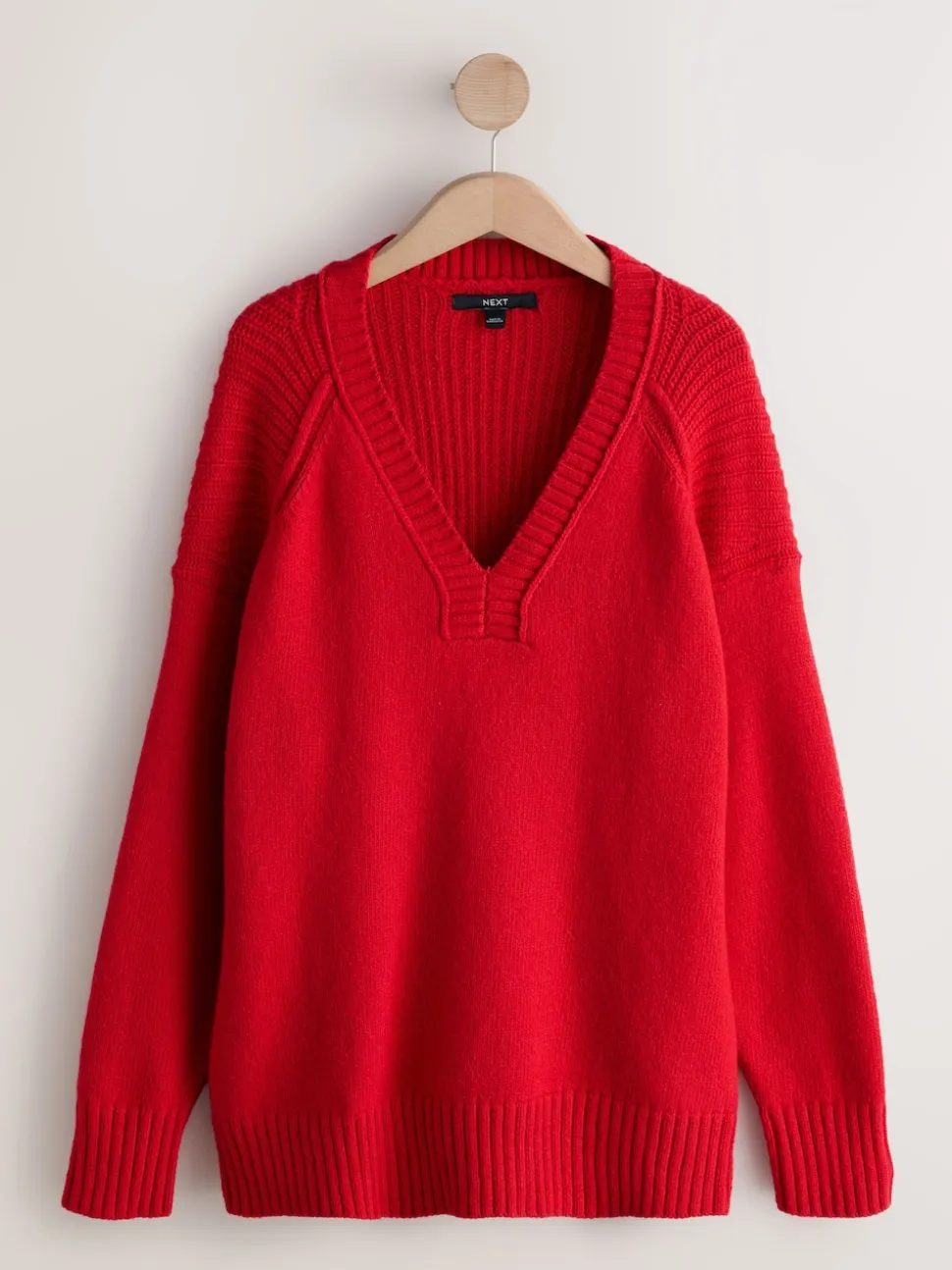 Cherry Red Cotton And Wool Blend Longline V-Neck Jumper